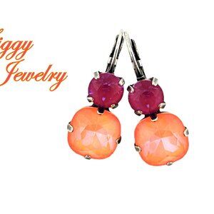 Citrus Punch Neon Orange and Fuchsia Double Drop Earrings in Antique Silver